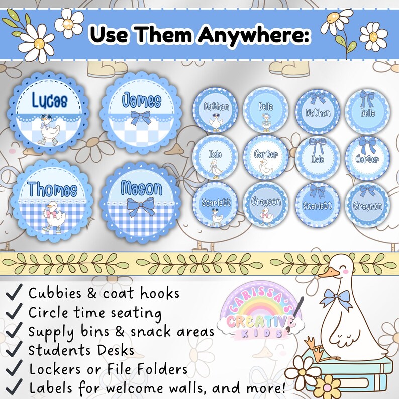 Editable preschool name tags with vintage goose theme, shown in round styles on a pastel floral background. Includes ideas for versatile use: coat hooks, desks, snack areas, lockers, and welcome walls.