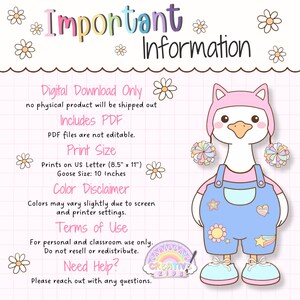 Important information photo for printable Classroom Goose classroom decor showing digital download details, PDF format, print size, color disclaimer, and terms of use for kindergarten, elementary decor, speech therapy rooms, classroom posters, playroom decor, and bulletin board kit displays.