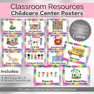 Center Schilder für Kindertages- oder Vorschulklassenzimmer | 31 PDF druckbare Poster | Etiketten für die Tagespflege | Kinderzimmer Dekor