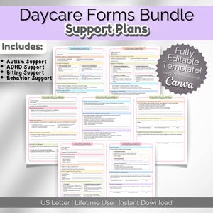 May include: A set of printable daycare support plan forms in a pastel colour scheme. The forms include support plans for autism, ADHD, biting, and behaviour. The text "Fully Editable Template! Using the free version of Canva" is included in the image.