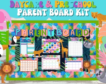 Pode incluir: Um kit de quadro de pais com tema de selva para creche ou pré-escola. O kit inclui uma variedade de cartazes imprimíveis coloridos com animais da selva, um calendário, um menu semanal, uma folha de registro e um modelo de boletim informativo. O kit é perfeito para criar um quadro de pais divertido e envolvente em sua sala de aula.