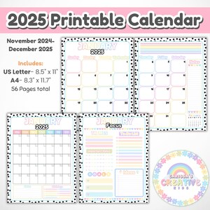 Calendário mensal para impressão 2025 | Páginas do planejador de TDAH | Planejador de educação domiciliar para professores | Formulários para creches | Tamanhos carta e A4 dos EUA Sala de aula pastel