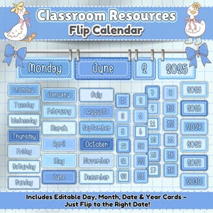 Editable Flip Calendar | Classroom Decor Silly Goose Theme | Daily Date Cards | Elementary Morning Board Printable | WhiteBoard Date Display