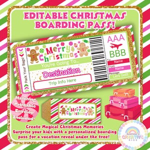 Modèle modifiable de cadeau de carte d'embarquement de Noël | Surprenez vos enfants ou votre famille avec ce billet d'avion imprimable