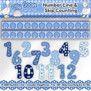 Peut inclure: Ensemble de décoration de classe bleu avec une ligne numérique et des visuels de comptage par sauts. Comprend les chiffres 0-12, 189-200 et des découpes de chiffres individuels. Le texte indique "Silly Goose" et "Number Line & Skip Counting".