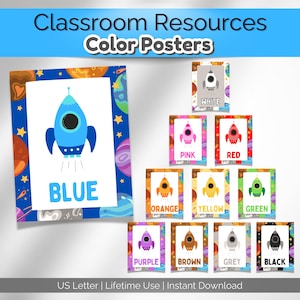 May include: A set of 10 printable color posters featuring a rocket ship against a space-themed background. Each poster displays a different color, including white, pink, red, blue, orange, yellow, green, purple, brown, grey, and black. The posters are labeled with the corresponding color name. The text "Classroom Resources Color Posters" appears at the top of the image. The text "US Letter | Lifetime Use | Instant Download" appears at the bottom of the image.
