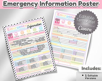 Puede incluir: Dos carteles de información de emergencia para el aula imprimibles con un esquema de colores arcoíris pastel. Los carteles incluyen información de contacto, procedimientos de emergencia y un mapa de puntos de reunión. El texto en los carteles dice "Información de emergencia" y "¡Plantilla editable! Usando la versión gratuita de Canva".