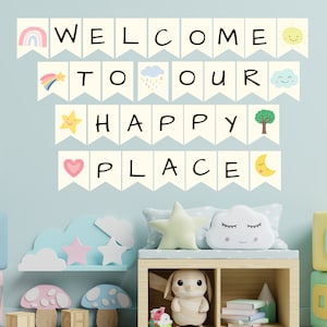 Estandarte imprimible de la guardería de la guardería / Bienvenido a nuestro lugar feliz / Guardería / Guardería privada / Decoración del aula preescolar / Dormitorio de la guardería