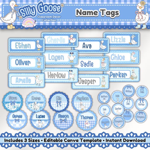 Editable Name Tags | Vintage Blue Gingham Silly Goose Theme | Daycare and Preschool Classroom Decor | Cubby or Desk Label | Canva Template