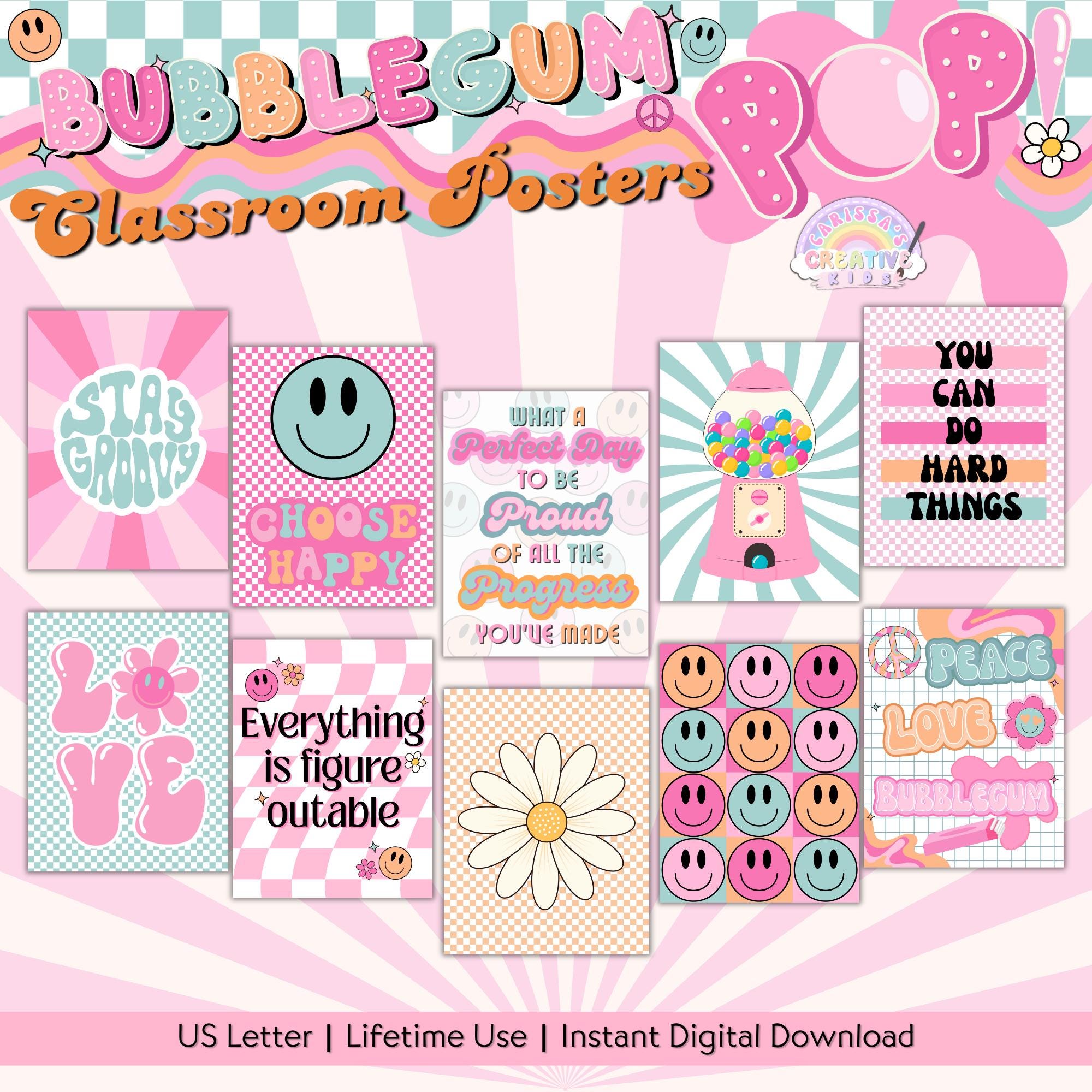 Retro Groovy Classroom Decor Posters | Bubblegum Classroom Theme | Playroom Decor Bulletin Board Kit | Printable Kids Inspirational Posters