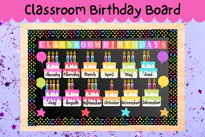 May include: A classroom birthday board with a black chalkboard background and colourful polka dot border. The board has a banner that says "CLASSROOM BIRTHDAYS" and twelve cake images, one for each month of the year. Each cake has candles and a month label.