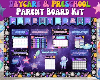 Pode incluir: Um kit de quadro de pais com tema espacial colorido para creche ou pré-escola. O kit inclui um menu, um plano de aula, uma programação, um boletim informativo, aniversários, entrada/saída e um calendário. O fundo é roxo escuro com estrelas e planetas.