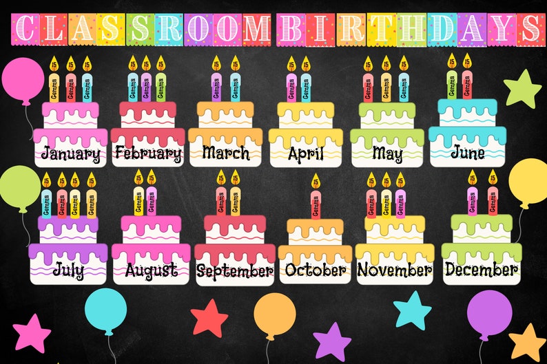 May include: A classroom birthday chart with colourful cake illustrations for each month of the year. Each cake has candles and the word "Germa" written on each candle. The months are written in black text on a chalkboard background.