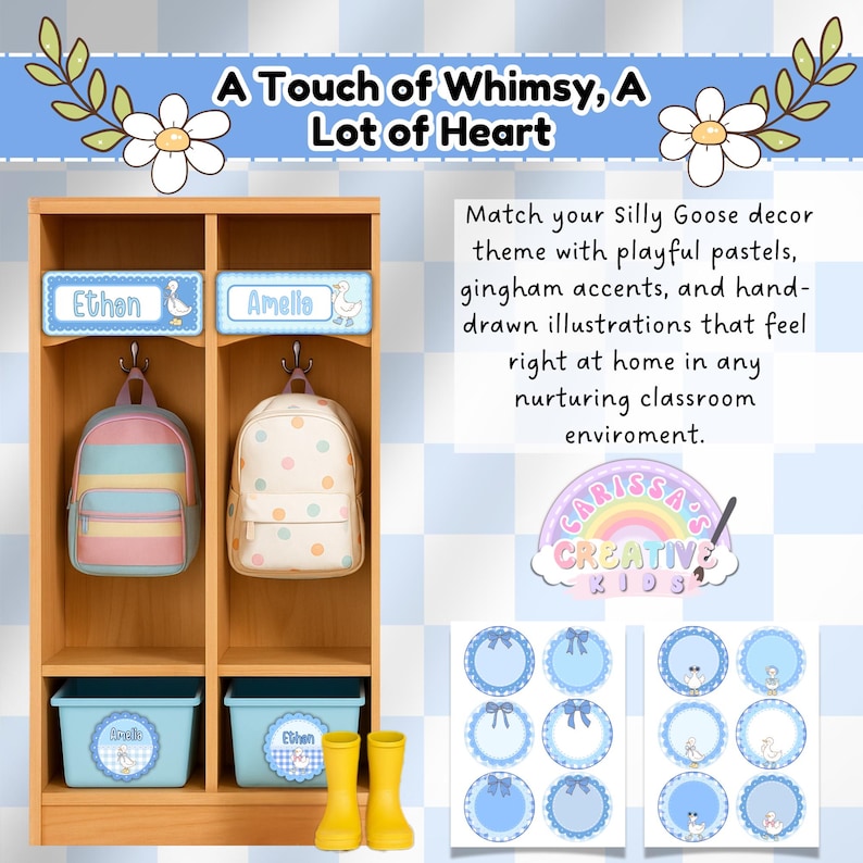 Preschool cubby station with pastel backpacks, labeled bins, yellow rain boots, and silly goose name tags—perfectly matching a whimsical classroom theme with editable Canva labels in soft blue tones.