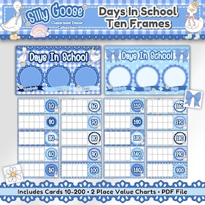 Puede incluir: Juego de decoración de aula azul con el texto "Silly Goose Days In School Ten Frames". Incluye tarjetas 10-200, dos gráficos de valor posicional y un archivo PDF. Presenta un gráfico de pato y un patrón de cuadros.