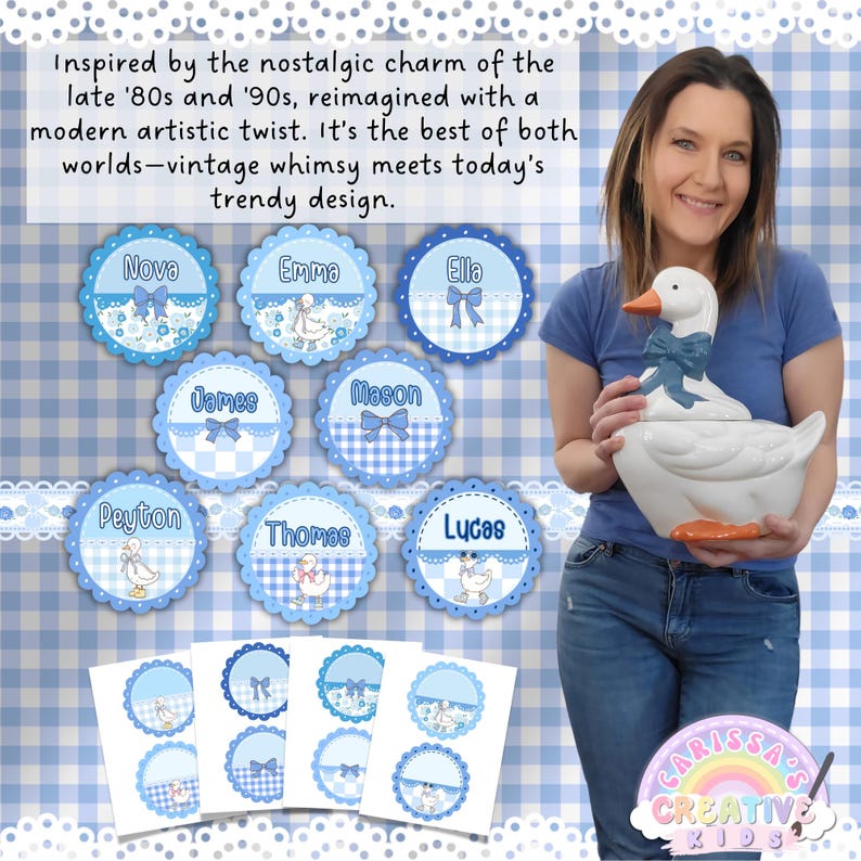 Vintage-inspired preschool name tags with gingham patterns, bows, and geese, shown with designer holding a ceramic goose against a pastel classroom backdrop.
