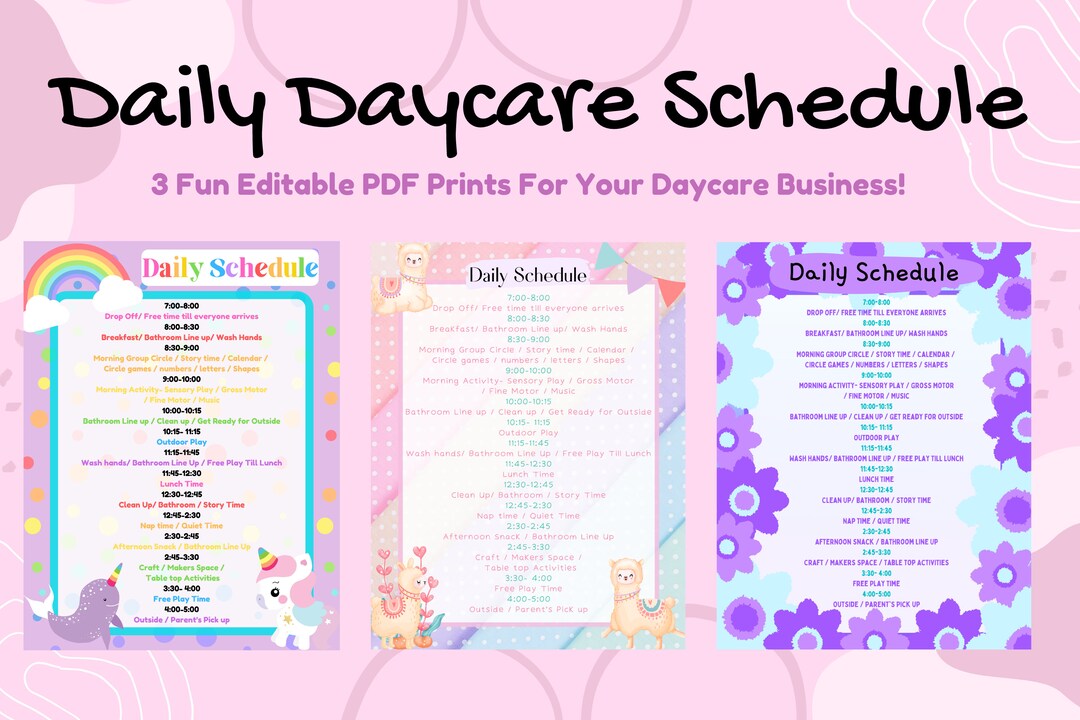 Daily Daycare Schedules Editable PDF Printable 3 Designs for Your ...