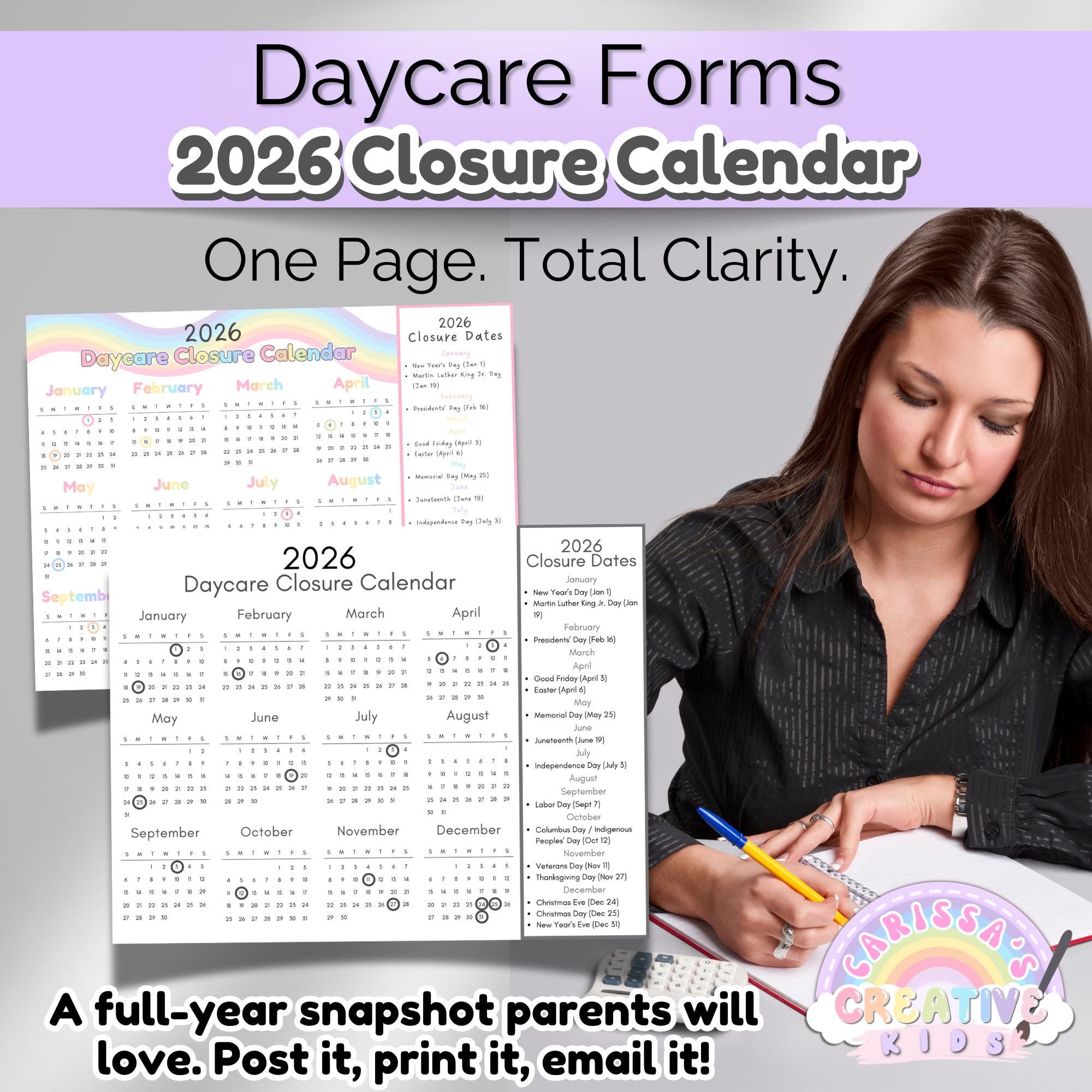 Editable 2026 Daycare Closure Calendar Template | One Page PDF ...