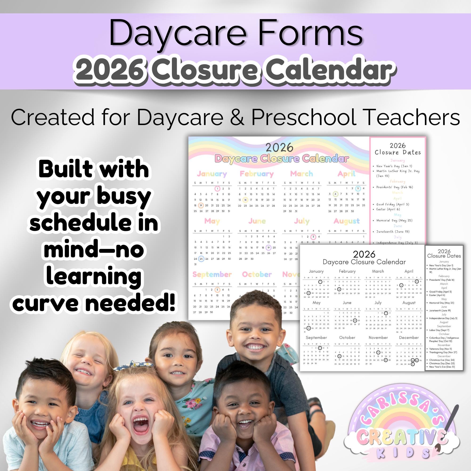 Editable 2026 Daycare Closure Calendar Template | One Page PDF ...
