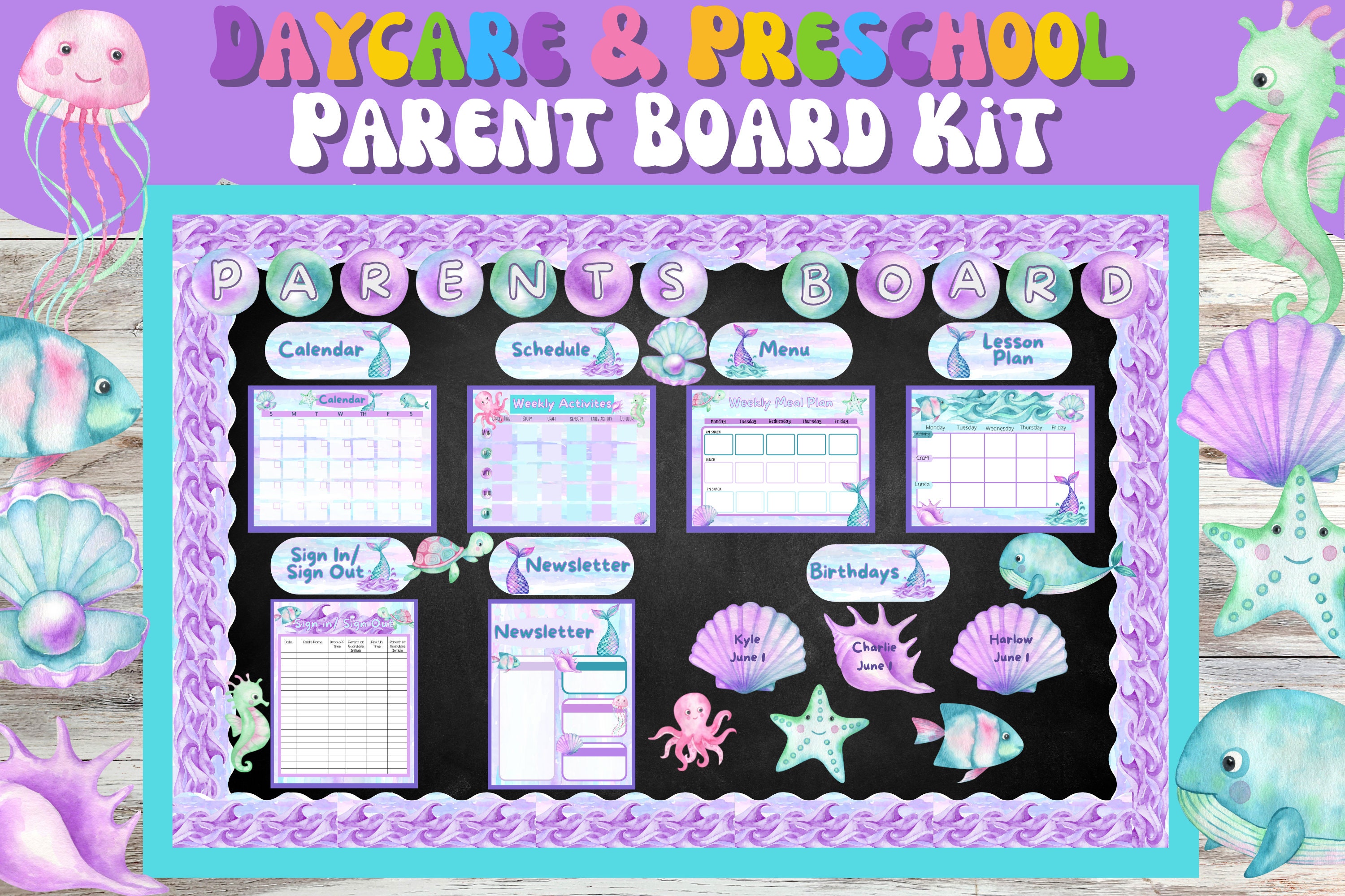 Daycare Parent Board| Childcare Information Bulletin Board Templates | Home Daycare Greeting | Daycare Organization Under the Sea | Mermaid