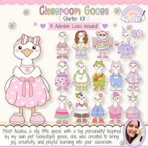 Meet Azalea, a printable Classroom Goose starter kit inspired by a real pet goose, designed for classroom decor, kindergarten displays, elementary decor, speech therapy rooms, playroom decor, classroom posters, desk goose setups, and bulletin board kit displays.