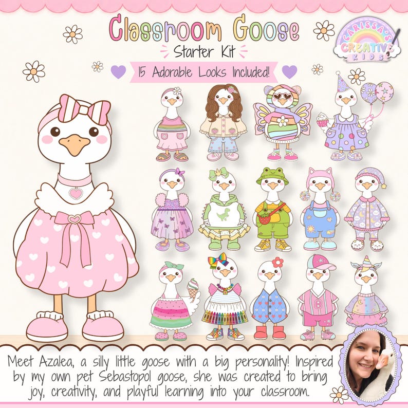 Meet Azalea, a printable Classroom Goose starter kit inspired by a real pet goose, designed for classroom decor, kindergarten displays, elementary decor, speech therapy rooms, playroom decor, classroom posters, desk goose setups, and bulletin board kit displays.