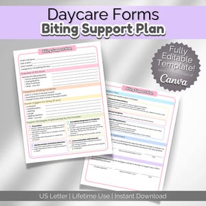 May include: Printable daycare biting support plan template in pink and blue colors. The template includes sections for child's full name, date of birth, date created, overview of the issue, frequency of biting incidents, known triggers for biting, support strategies implemented by the provider, immediate response to incidents, communication with parents, parent agreement, and provider signature. The template is fully editable using Canva.