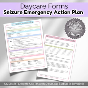 Editable Seizure Emergency Action Plan for Daycare & Preschool | Medical Form for Epilepsy, Special Needs, Home Childcare