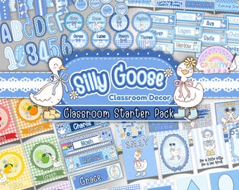 Paquete de decoración para el aula de Silly Goose / Decoración imprimible de cuadros azules para preescolar, jardín de infancia y primaria / Pósteres, letras, etiquetas de nombres