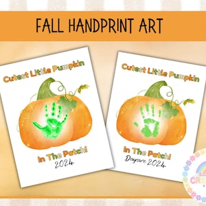 Puede incluir: Dos tarjetas imprimibles con un dise&ntilde;o de calabaza con huella de mano. Las tarjetas dicen "Cutest Little Pumpkin" y "In The Patch!" con el a&ntilde;o 2024.