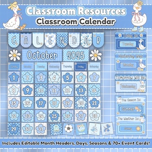 Dumme Gans Klassenzimmer Dekor Kalender | Bearbeitbarer Vorschul- und Kita-Kalender | Druckbares Wetter, Jahreszeiten & Ereigniskarten für Circle Time