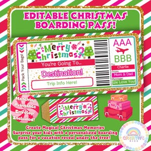 Modèle modifiable de cadeau de carte d'embarquement de Noël | Surprenez vos enfants ou votre famille avec ce billet d'avion imprimable