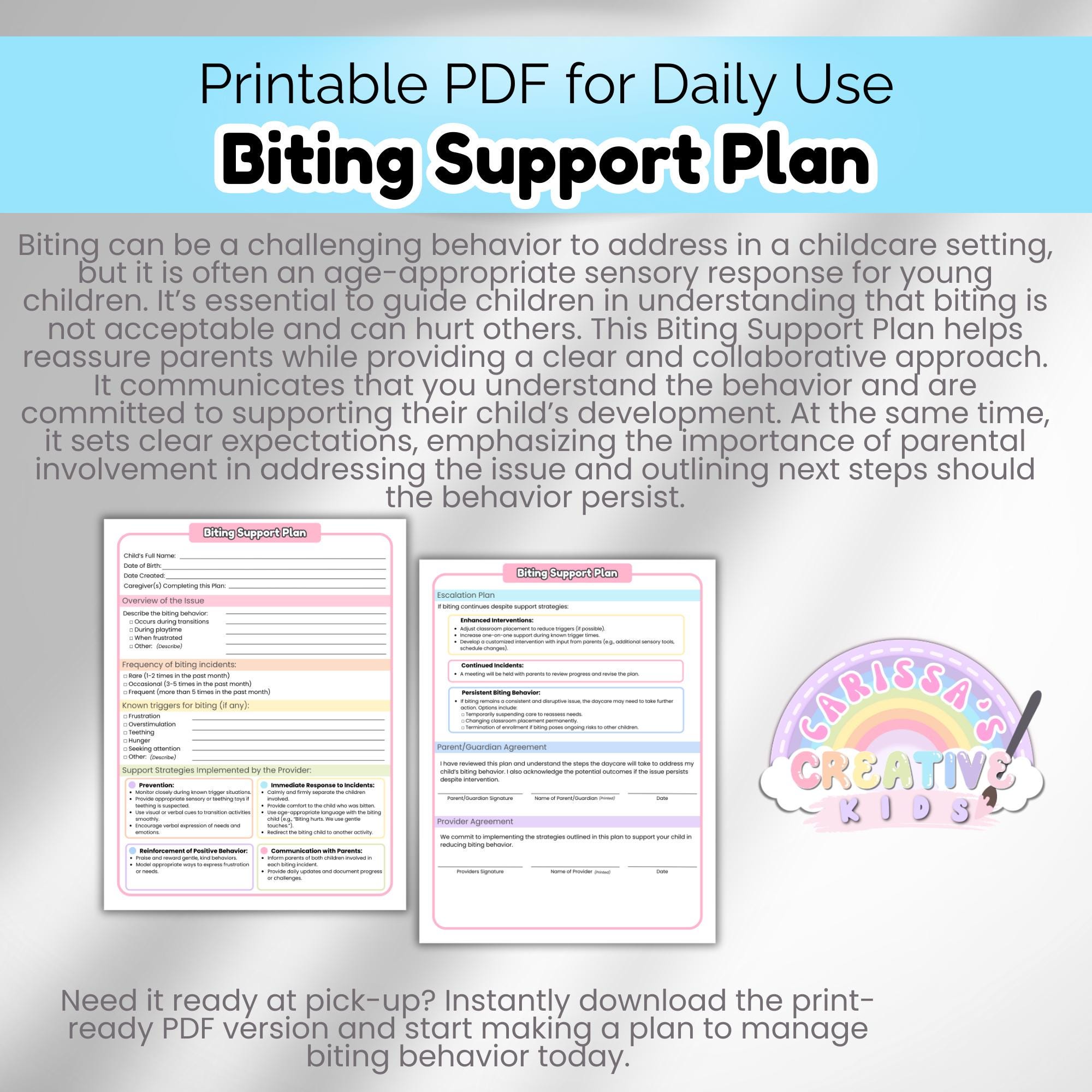 Daycare Biting Support Plan | Preschool Behavior Management | Daycare ...