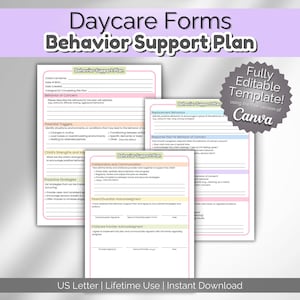 Può includere: Un modello di piano di supporto comportamentale per l'asilo nido, stampabile, in rosa e bianco. Il modello include sezioni per identificare i potenziali trigger, i comportamenti sostitutivi, i piani di risposta, i punti di forza del bambino, le strategie proattive, la collaborazione e la comunicazione, il riconoscimento dei genitori/tutori e il riconoscimento del fornitore di assistenza all'infanzia. Il modello è completamente modificabile usando Canva.