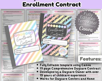 May include: A printable daycare enrollment contract template in a colorful notebook design. The template is fully editable using Canva and includes 17 pages of comprehensive information. It was developed by a daycare owner with over 15 years of experience and is suitable for daycare centers and home providers.