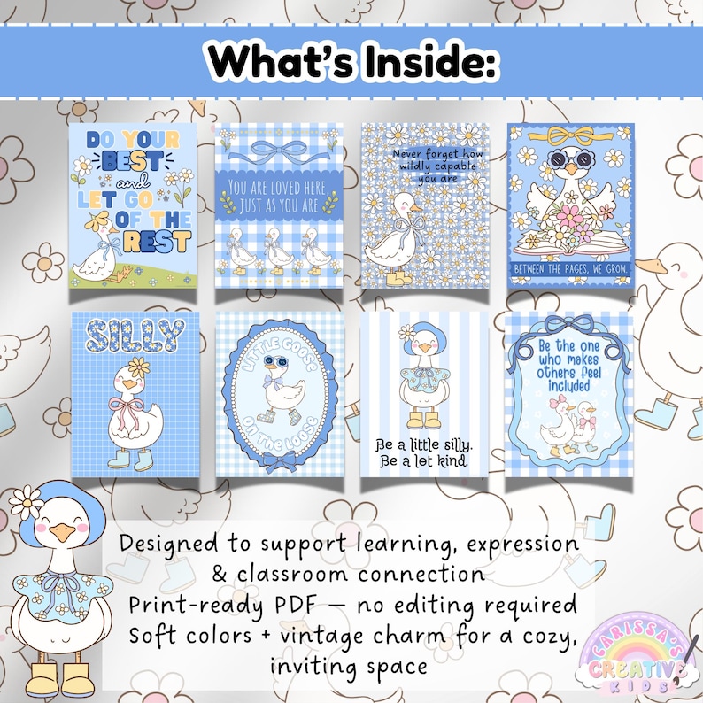 Preview of 8 printable classroom posters featuring pastel silly goose artwork and encouraging phrases like “Be a little silly, be a lot kind” and “You are loved here”—ideal for creating a cozy, vintage-inspired classroom or playroom environment.