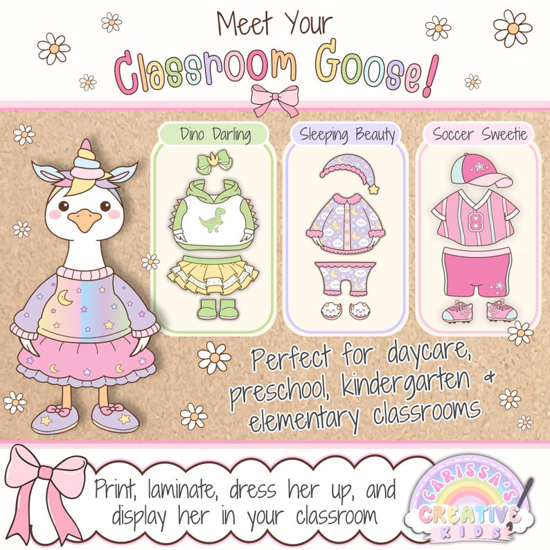 Meet the printable Classroom Goose, a porch goose-inspired classroom decor mascot with cute outfit options for daycare, preschool, kindergarten, elementary decor, speech therapy rooms, bulletin board kits, classroom posters, playroom decor, and back to school displays.
