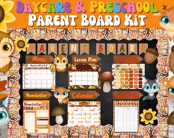 Pode incluir: Um kit de quadro para pais imprimível para creche e pré-escola com tema de floresta. O kit inclui um menu, um plano de aula, um boletim informativo, um calendário, uma programação e uma folha de entrada/saída. O design apresenta animais fofinhos da floresta como corujas, veados e esquilos.