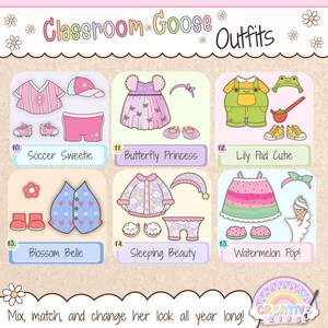 Classroom Goose printable outfit preview for silly goose decor, classroom decor, kindergarten, elementary decor, speech therapy rooms, playroom decor, classroom posters, and bulletin board kit displays.
