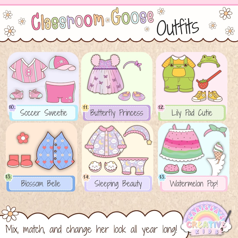 Classroom Goose printable outfit preview for silly goose decor, classroom decor, kindergarten, elementary decor, speech therapy rooms, playroom decor, classroom posters, and bulletin board kit displays.