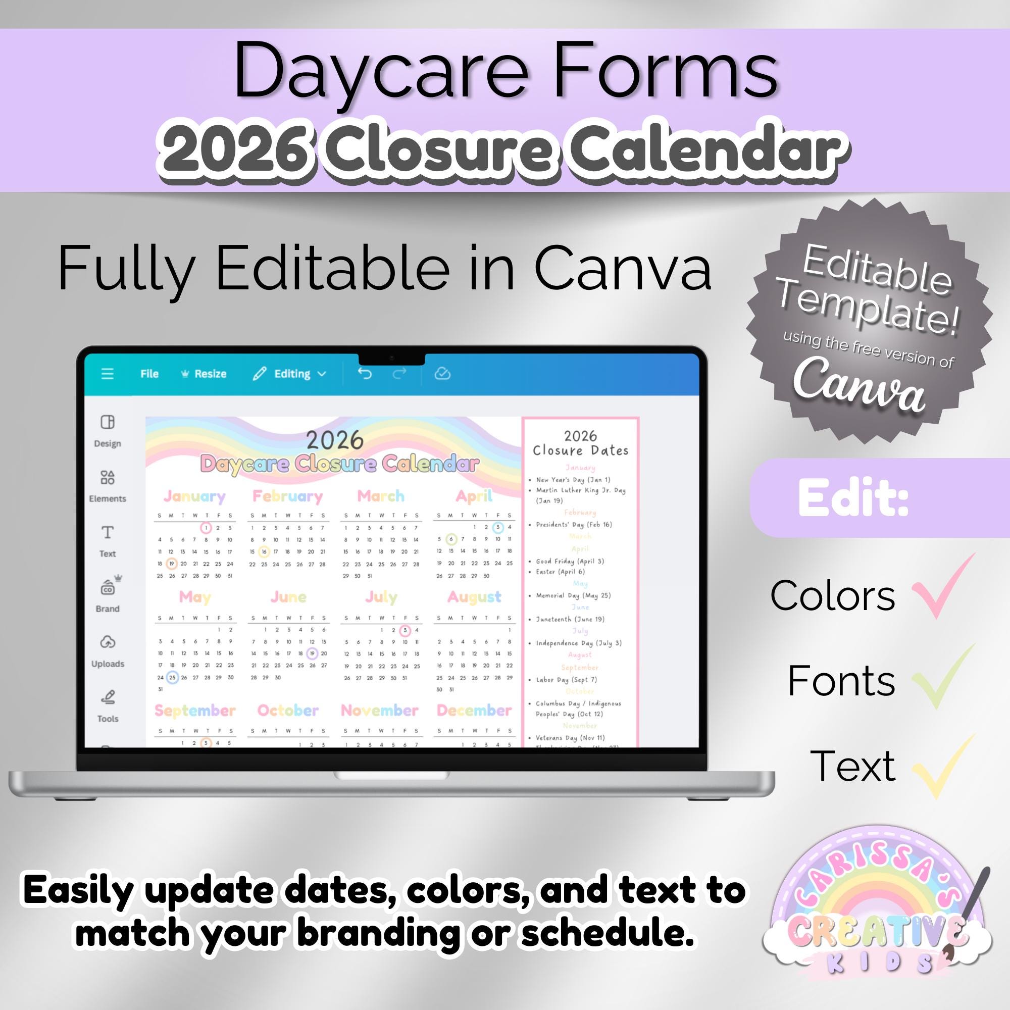 Editable 2026 Daycare Closure Calendar Template | One Page PDF ...