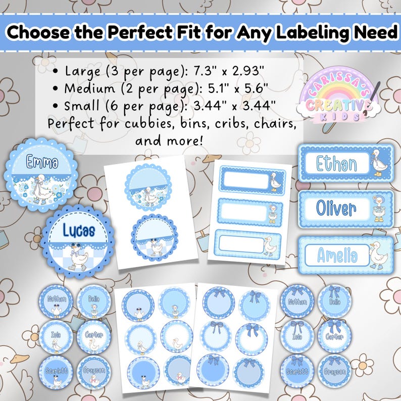 Preview of silly goose name tags in large, medium, and small sizes—ideal for labeling bins, cubbies, cribs, chairs, and desks in daycare or preschool settings. Features vintage blue gingham designs with playful geese and editable text options.