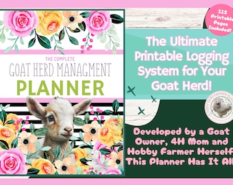 May include: A printable goat herd management planner with 112 pages. The cover features a cute goat illustration surrounded by watercolor flowers on a black and white striped background. The text "The Complete Goat Herd Management Planner" is displayed in green and white.