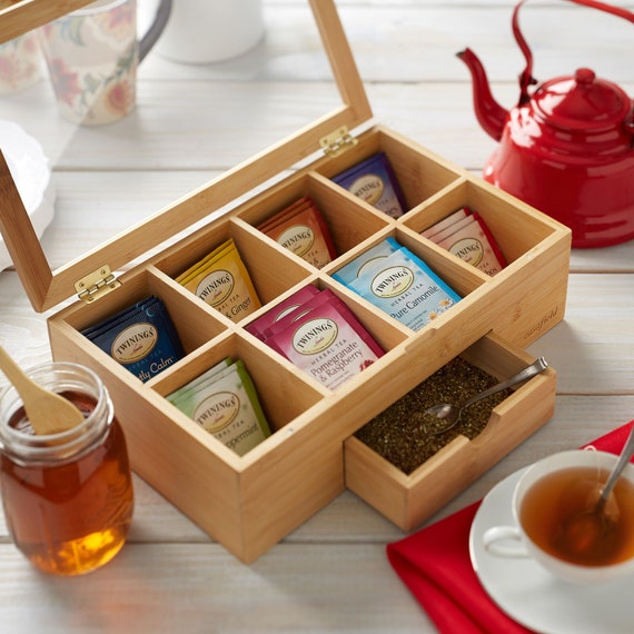Bamboo Tea Box Tea Bag Organizer Box Wood Chest with 8 Adjustable Divided Com... 