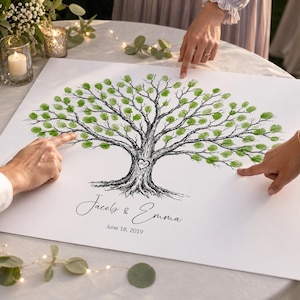 May include: A white paper guest book alternative featuring a hand-drawn tree design with green fingerprint leaves. The names "Jacobs & Emma" and the date "June 18, 2019" are written below the tree. A green ink pad and framed sign are also present.