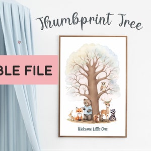Thumbprint Guestbook Fingerprint Tree Printable Woodland Baby Shower Birthday Keepsake Greenery Woodland Animals NOT Editable