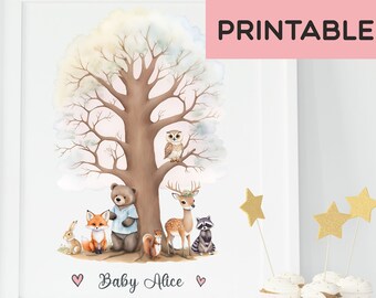 Fingerprint Tree Guestbook Alternative, Woodland Fingerprint Tree, Guest Fingerprint Tree, Printable Baby Shower Poster, Instant download