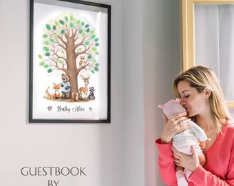 Libro de visitas de huellas dactilares de baby shower - Woodland Baby Shower - Libro de visitas alternativo personalizado - Árbol de huellas dactilares - Woodland