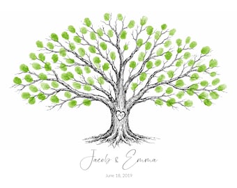 Wedding Guest Book Low Oak Fingerprint Tree with heart, Boho, Fingerprint Alternative Guestbook, Rustic Wedding