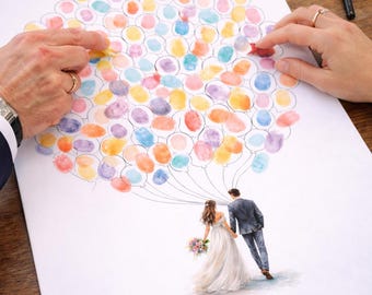 GUEST BOOK Alternative Wedding, Personalized  Fingerprint Guest Book Poster, Bride and Groom Balloon Design, Thumbprint Guestbook